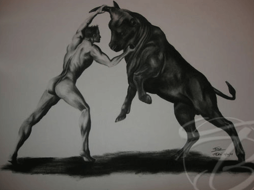 Sketch of Man Fighting Bull